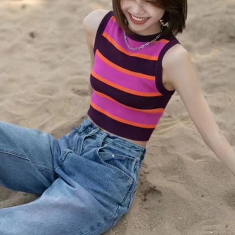 SUXI Áo Dệt Kim Hai Dây Dáng Ôm Họa Tiết Kẻ Sọc Màu Sắc Ngọt Ngào Thời Trang Mùa Hè Dành Cho Bạn Nữ