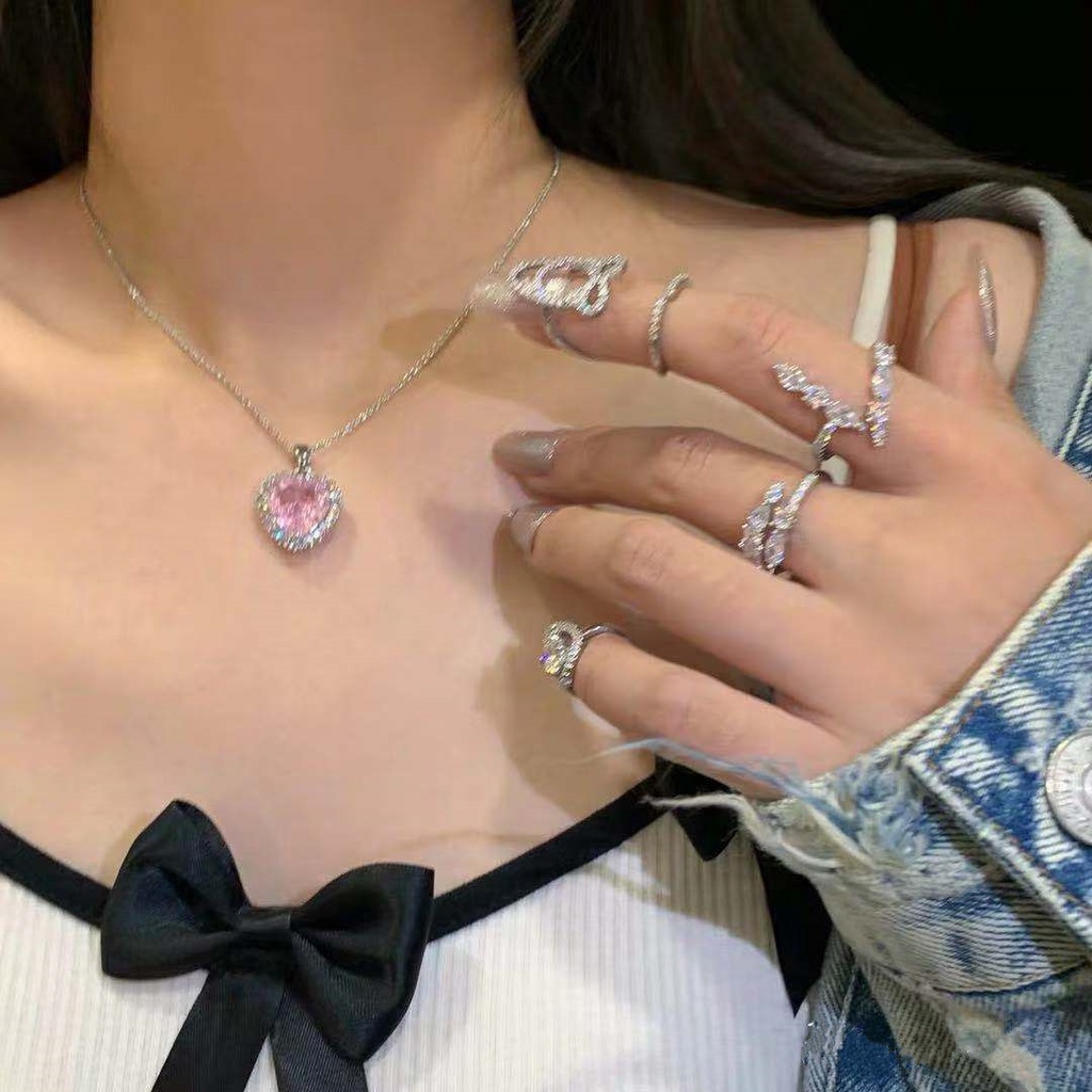 Dây chuyền mặt trái tim đính đá Zircon hồng thiết kế thời trang phong cách Hàn Quốc