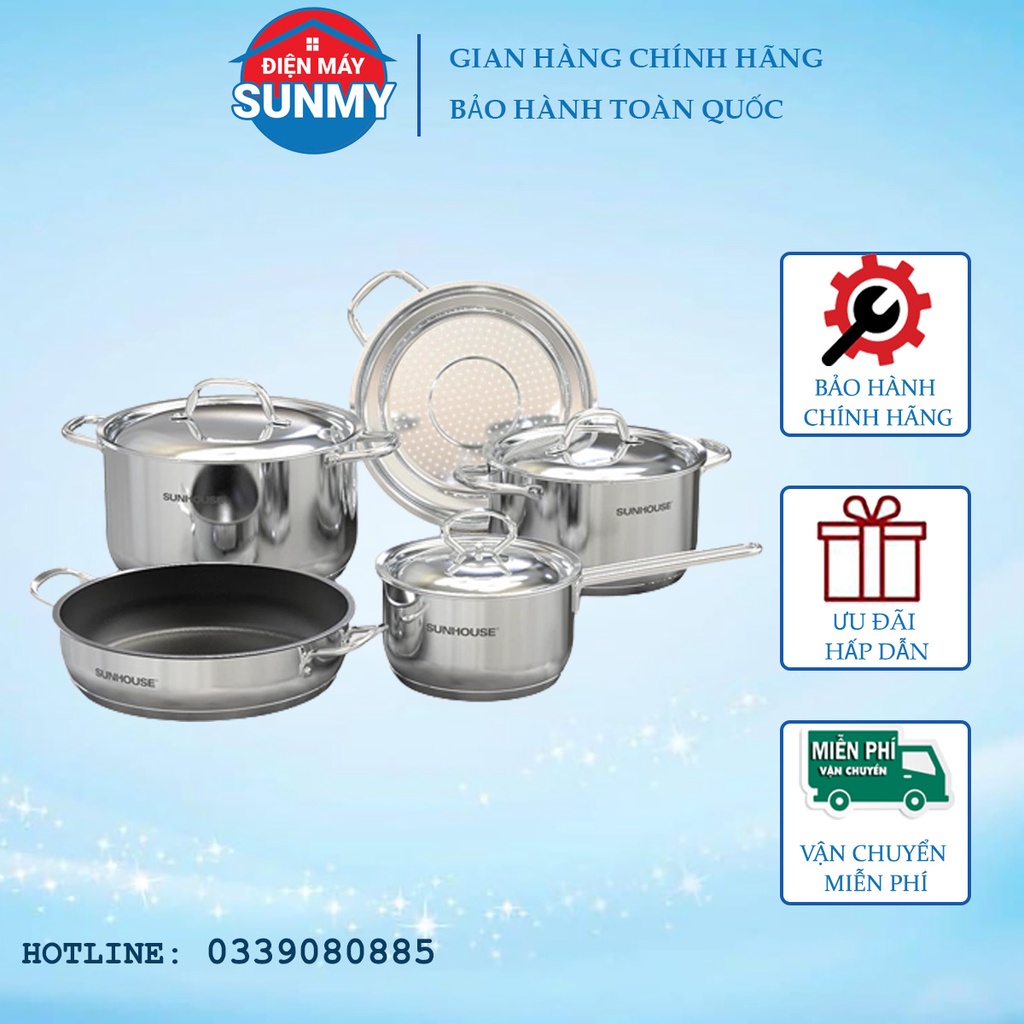 Bộ nồi chảo inox 5 đáy Sunhouse SHG995 set 5 món, nồi chảo từ đa năng dùng được cho bếp từ
