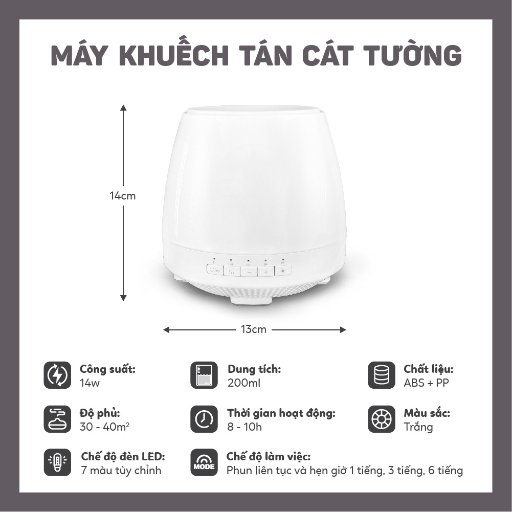 Máy xông tinh dầu Haeva Cát Tường Chất liệu cao cấp,tính năng Phát nhạc Bluetooth ,hẹn giờ thông minh, Đèn Led 7 màu