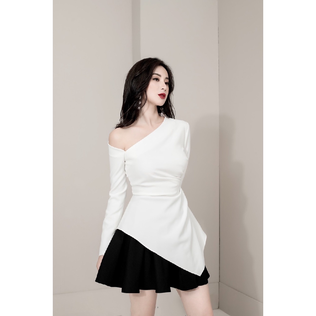 Áo sơ mi kiểu tiểu thư lệch vai sang chảnh tôn eo mặc đi làm, đi tiệc ảnh thật shop chụp | BigBuy360 - bigbuy360.vn