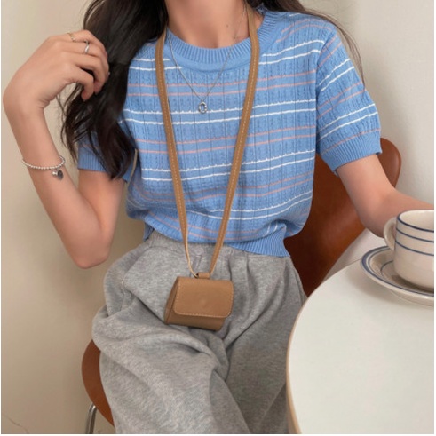 Áo thun nữ cổ tròn ngắn tay họa tiết kẻ sọc 8 màu thời trang