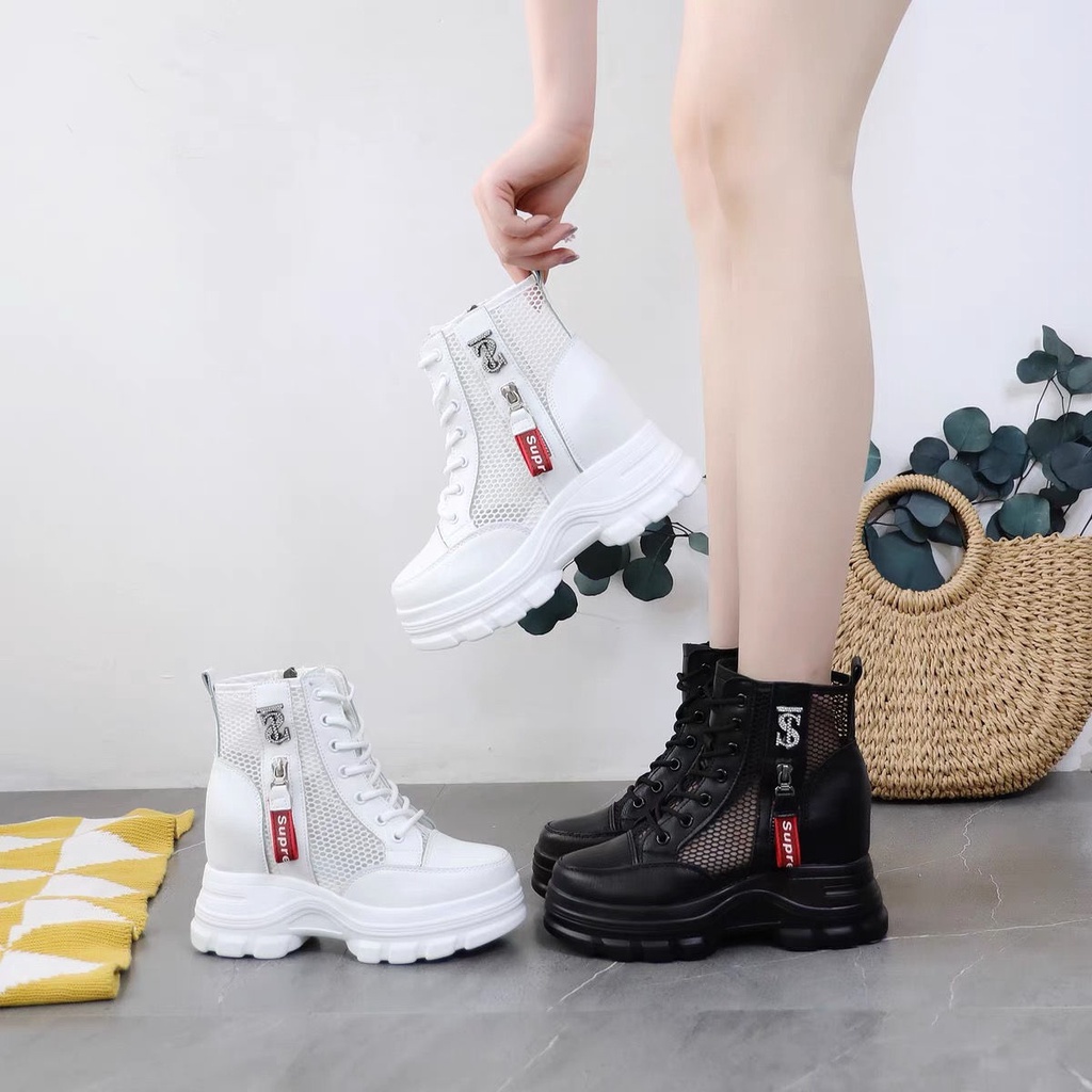 Giày bốt lưới mỏng rỗng thông thoáng phối đế dày tăng chiều cao phong cách mùa hè cho nữ