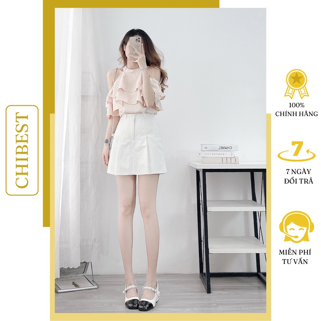 Áo kiểu cổ yếm khoét vai phối bèo 2 tầng CHIBEST DAB614