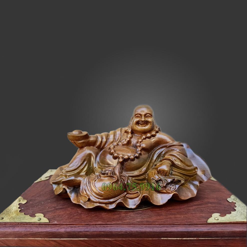 Tượng Phật Di Lặc Ngồi Lá Sen bày ô tô, bàn làm việc gỗ bách xanh - DL1