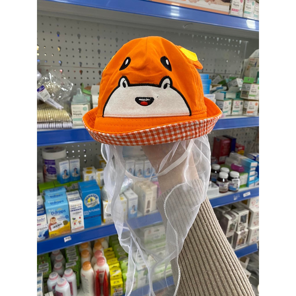 Mũ kèm khăn voan tai gấu mắt 48k, mũ vành tròn cho bé trai, bé gái