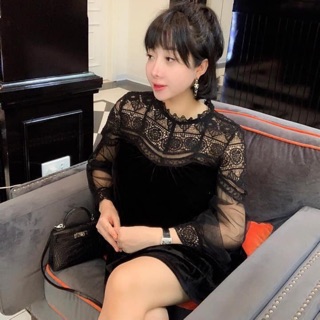 Váy nhung phối ren tay bồng đen zara