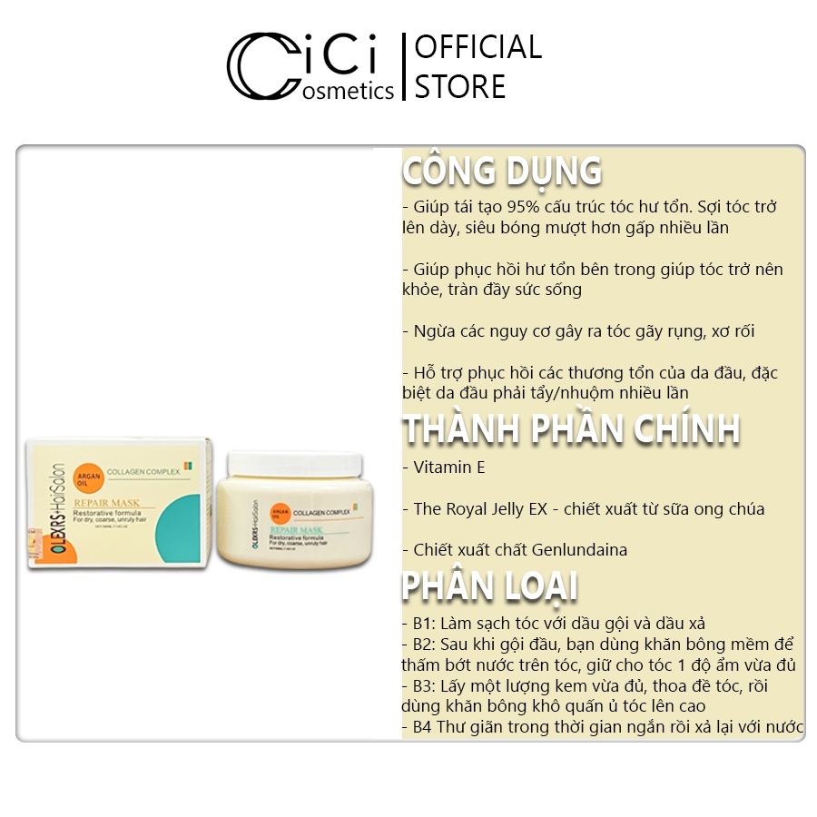 Kem Hấp, Ủ Phục Hồi Hư Tổn OLEXRS Argan Oil Collagen Anh 500ml - Chống Gãy Rụng, Tóc Nhuộm CICI2022UT01