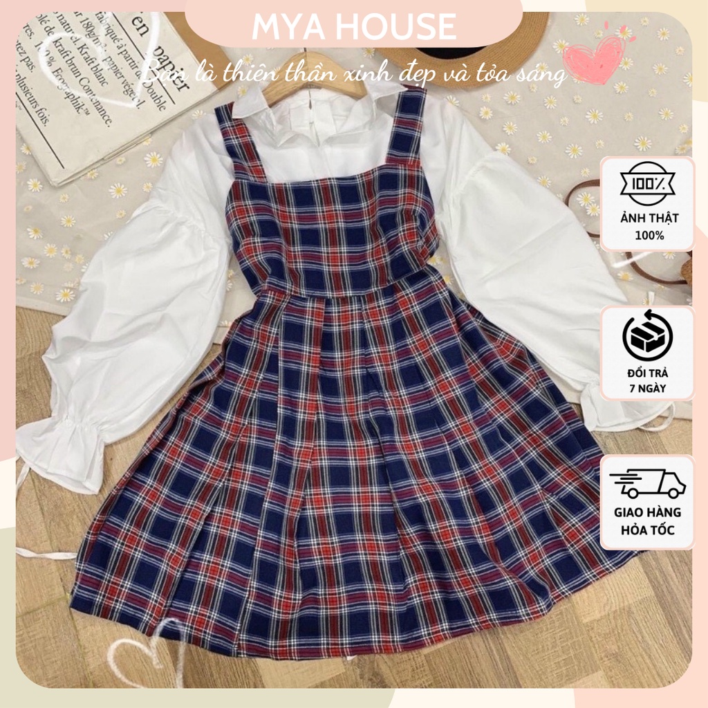 Set áo sơmi trắng tay phồng dài nơ cổ yếm caro nâu- hồng - đen MYA HOUSE