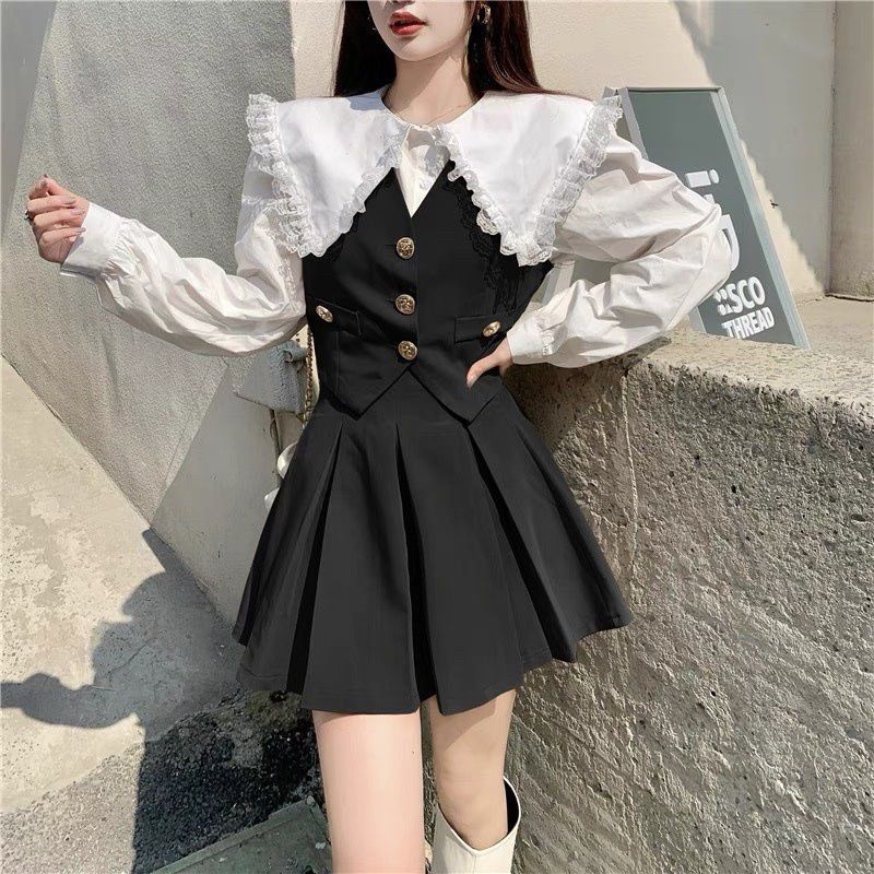 ẢNH thật Háng loại 1 set áo sơ mi bánh bèo phôi gile kèm váy xoè tiểu thư siêu trẻ trung phong cách tỷ tỷ trung quốc