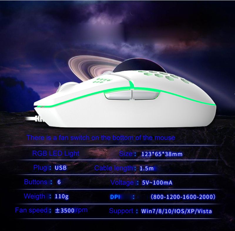 2000DPI RGB LED Gaming Wired USB Mouse Fan Lightweight Honeycomb Hollow-out Mice