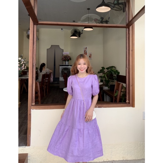Đầm linen tầng màu tím