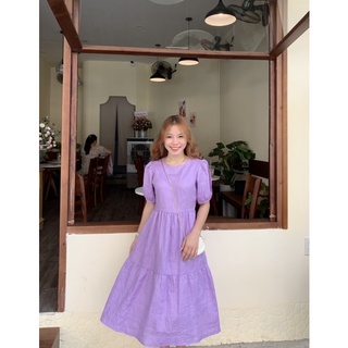 Đầm linen tưng premium tầng màu tím hoa cà dài 105cm, mm6