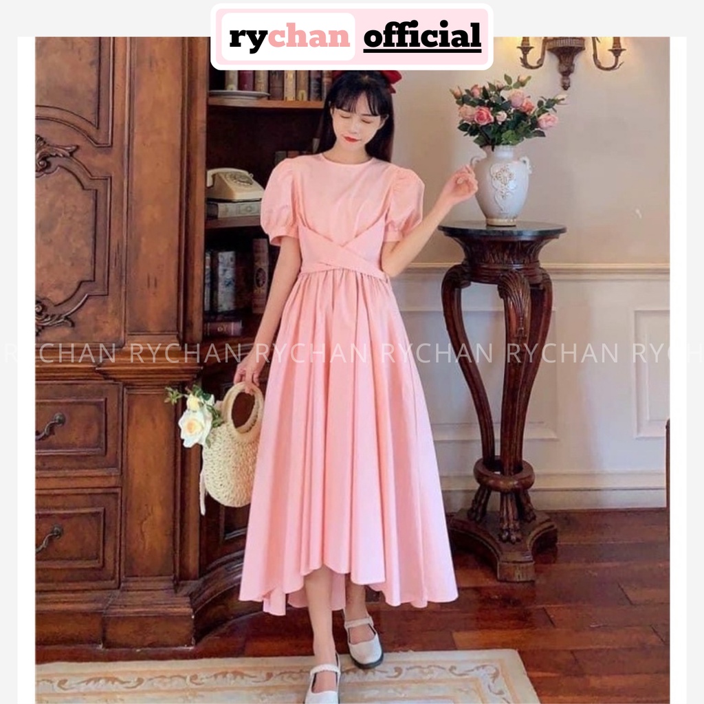 Đầm Dự Tiệc Lệch Tà Chéo Eo Cổ Tròn Tay Bồng Ngắn Dáng Xòe Công Chúa Bánh Bèo 2 Màu Trắng Hồng [ẢNH THẬT CUỐI] - DX9782