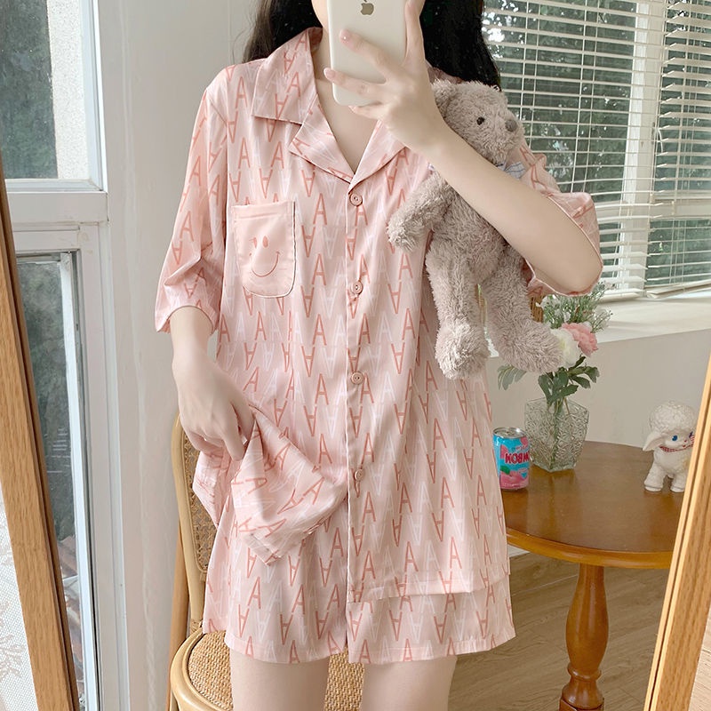 New style ice silk pajamas women's suit sweet girl style home clothes net red lovely Korean imitation silk short sleeved shorts