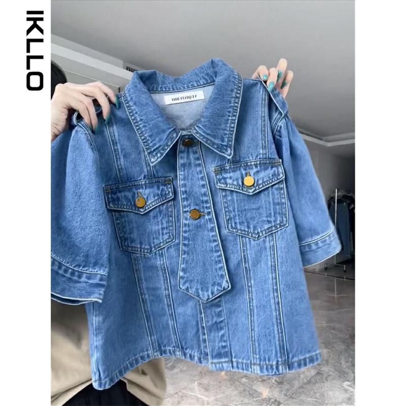 Áo sơ mi denim thiết kế cổ điển kiểu Pháp thời trang mùa xuân và mùa hè cho nữ