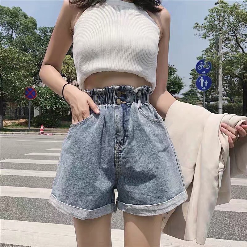 Quần Short Jeans Hai Khuy Đai Chun Cạp Cao Kiểu Dáng Thời Trang Cá Tính | BigBuy360 - bigbuy360.vn