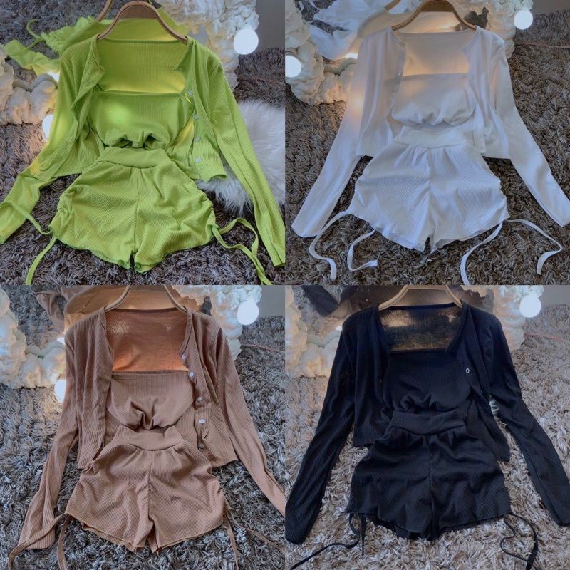 set 3 món quần rút áo dây áo khoác lửng chất thun co dãn