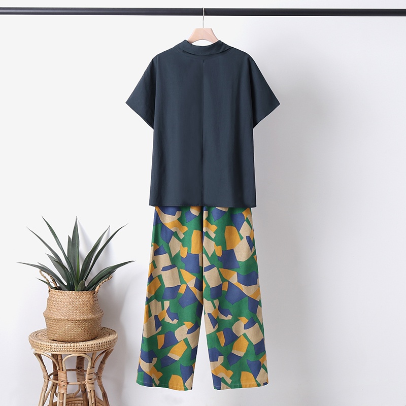 Zanzea Set Áo Cổ Lọ Tay Lỡ Họa Tiết Hình Học Kèm Quần Dài Lưng Thun Cao Thời Trang