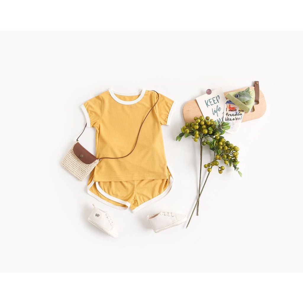 Bộ ngắn thun tăm trơn cổ viền màu pastel cho bé gái 9-19kg - Bigbabyshop