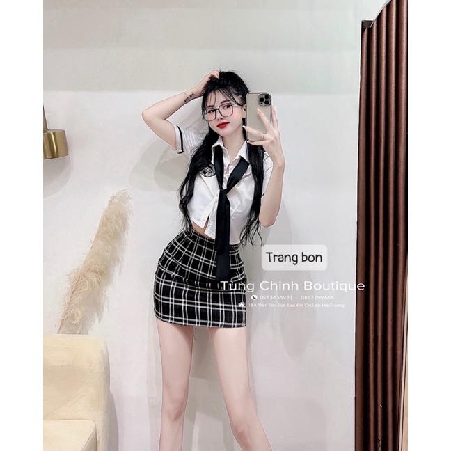 Set áo sơmi + chân váy kẻ kèm cà vạt