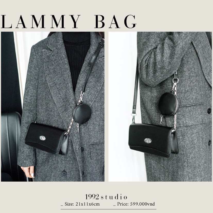 Túi xách nữ 1992 s t u d i o/ LAMMY BAG / màu đen kèm túi tròn phụ kiện, dây da phối xích