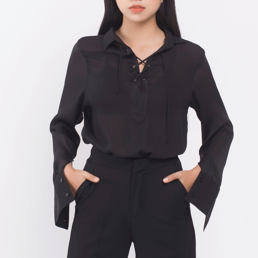 Sơ mi đen đan dây cổ I-A18