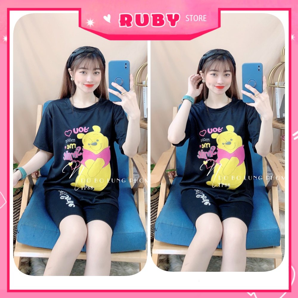 Đồ bộ thun lửng phom to cho nữ mặc nhà chất thun mềm mát in hình gấu hoạt hình dễ thương TP88