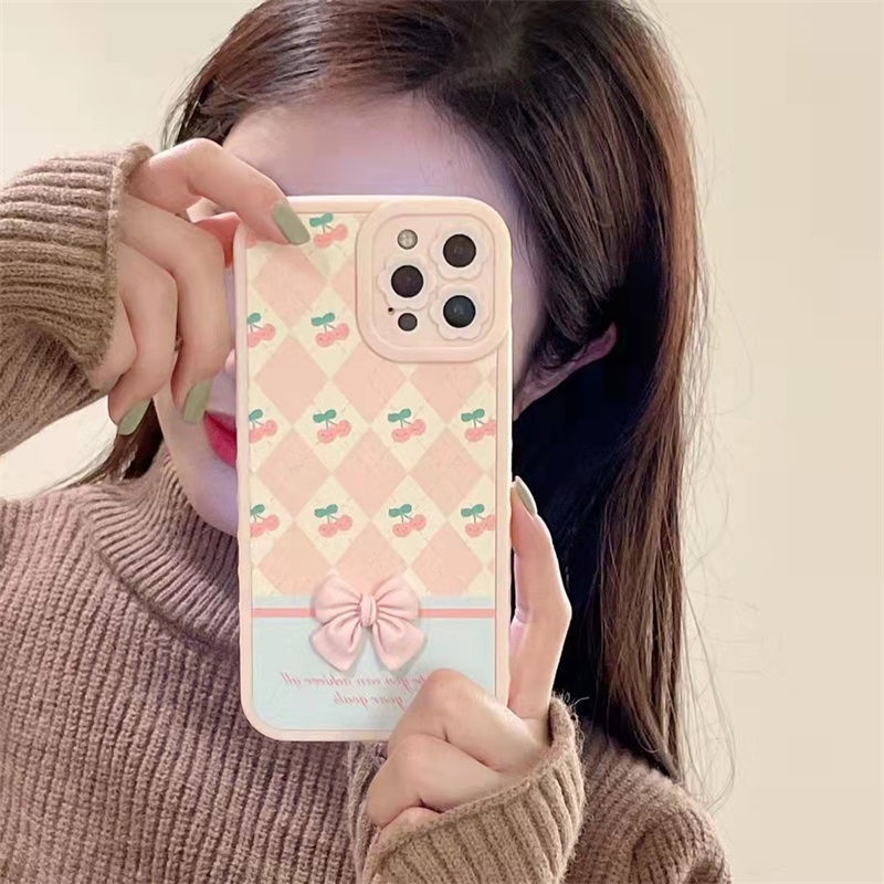 Ốp Điện Thoại Họa Tiết Cherry 3D Đính Nơ Xinh Xắn Cho IPhone 12 13 11 Pro Max X Xs Max Xr Asw1