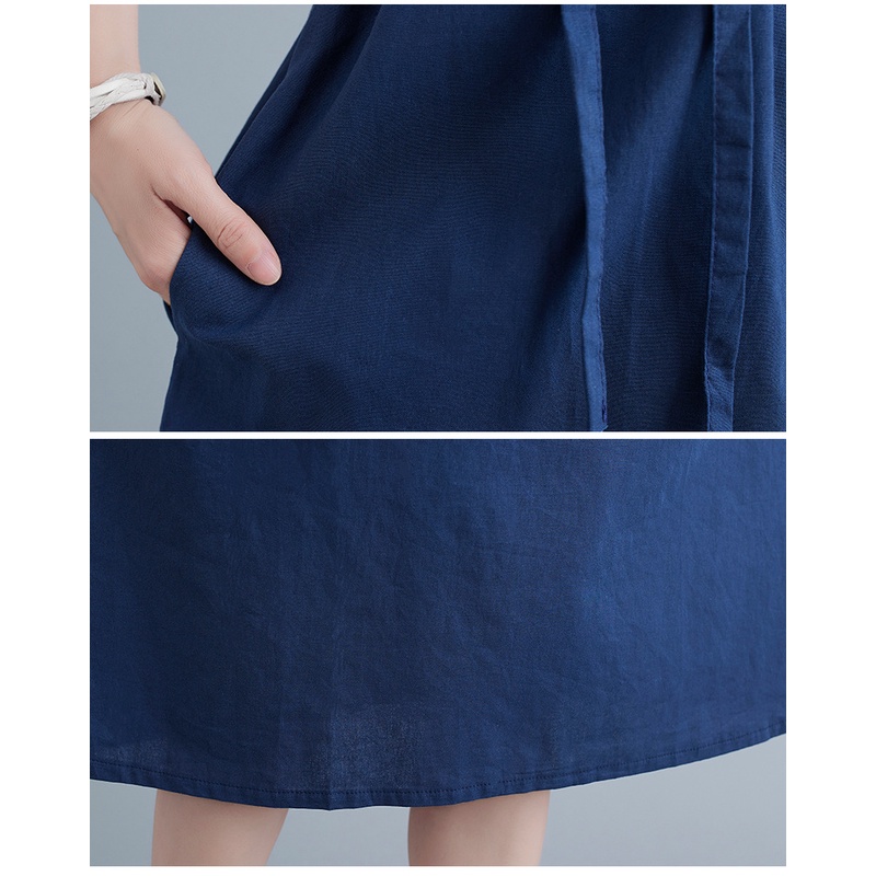 Đầm linen nữ dáng suông cổ tròn ngắn tay mặc hè, chất linen tự nhiên mềm mát kèm dây đai rời B84
