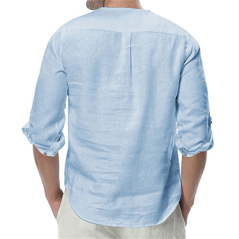 Áo Sơ Mi Vải Lanh Cotton Trơn Cổ Đứng Dài Tay Phối Nút Dáng Rộng Thời Trang Nam