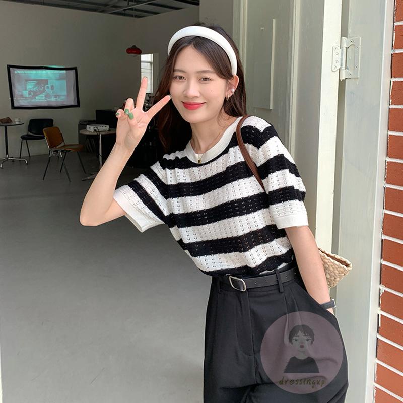 Áo Thun Tay Ngắn Họa Tiết Sọc Thời Trang Sành Điệu Cho Nữ