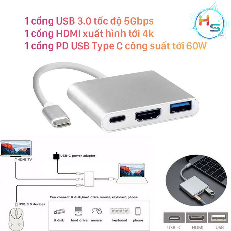 Hub Type C 3in1 - Cổng Chuyển Đổi HUB USB Type-C to HDMI, USB 3.0, PD Type-C Cho Laptop Macbook, Điện Thoại, Samsung Dex