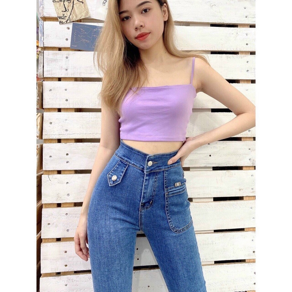 Quần jean nữ lưng cao TÚI TRƯỚC 1 BÊN KÉO KHÓA BẦU màu xanh chất jean giãn tốt 032-1-26