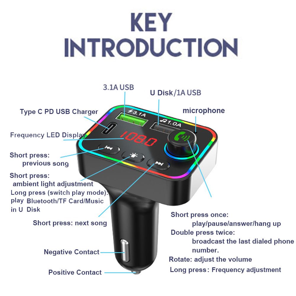 Máy phát MP3 Bluetooth 5.0 không dây rảnh tay 2 cổng usb sạc nhanh Aux hỗ trợ thẻ TF Cd USB Type C
