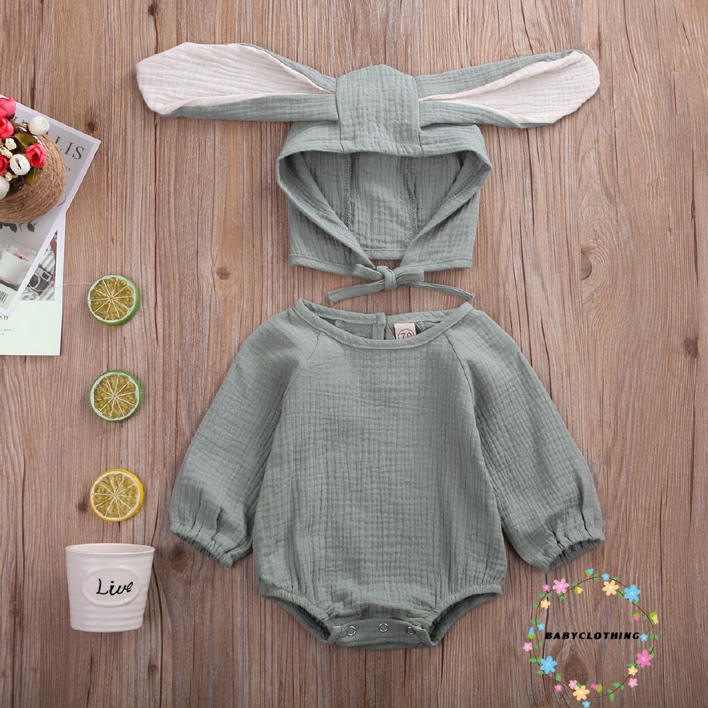Bộ áo liền quần dài tay ôm dáng bằng vải lanh cotton + nón tai thỏ 3D đáng yêu cho bé từ 0-24 tháng tuổi