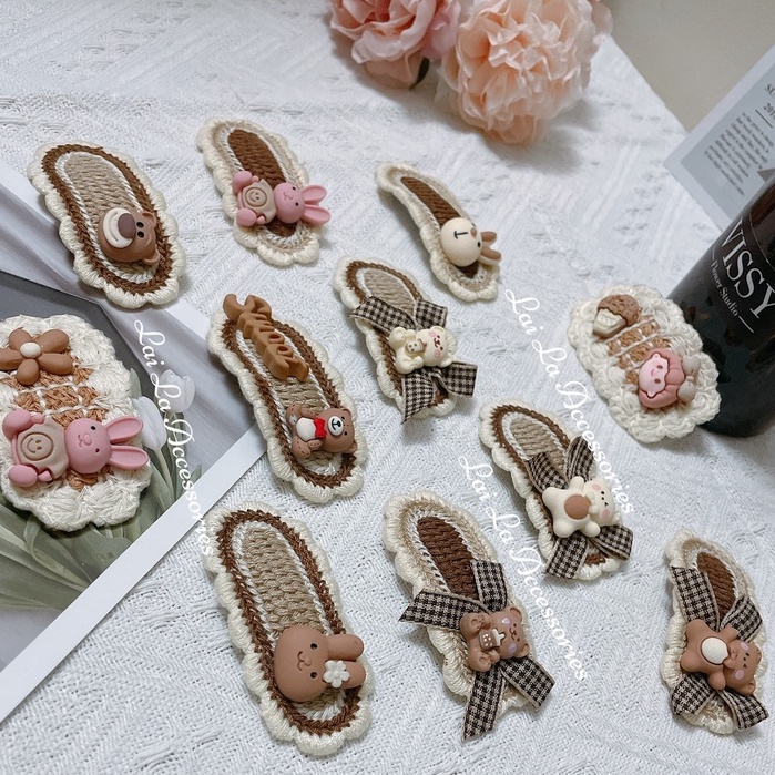 Kẹp tóc vải đan len họa tiết hình gấu thỏ đáng yêu dễ thương cho bé Lại La