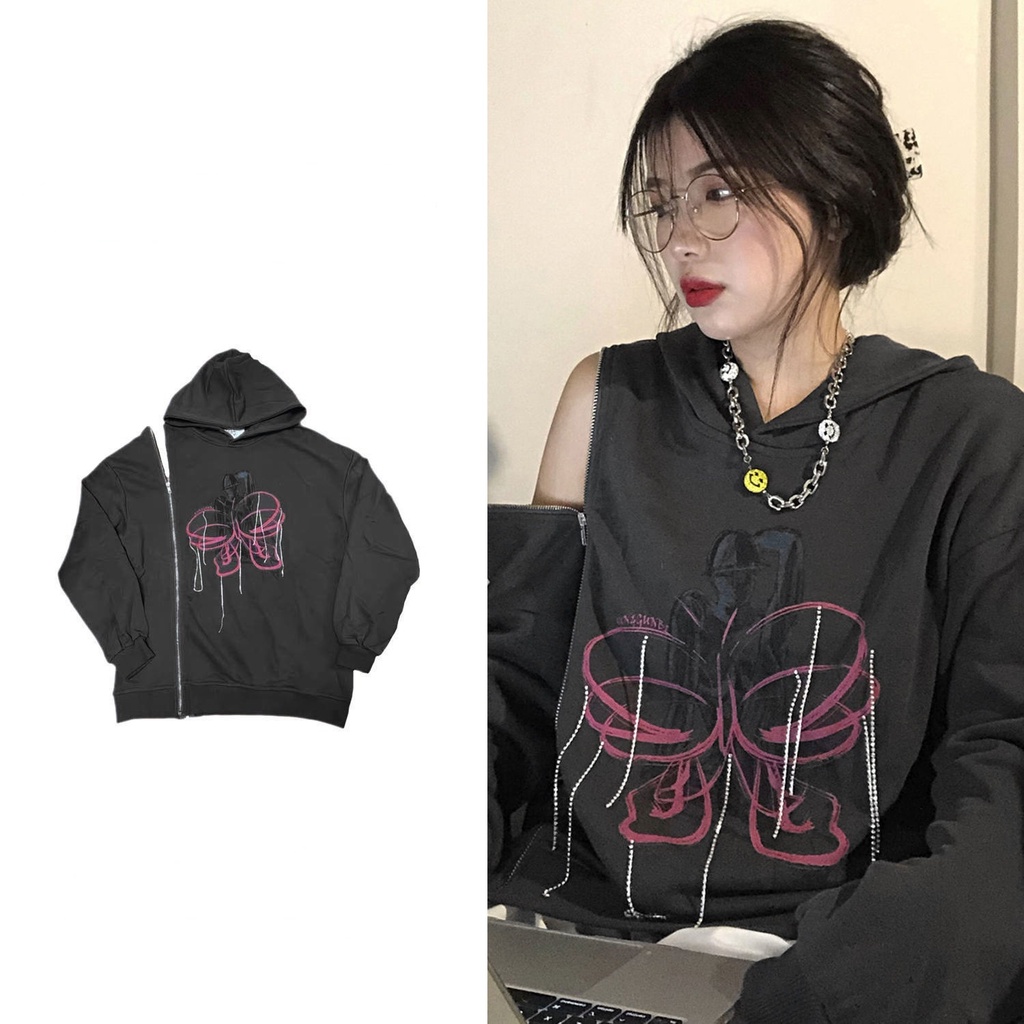 Áo hoodie mỏng có nón trùm tay dài phối khóa kéo tua rua kim cương giả in hình mới cho nữ