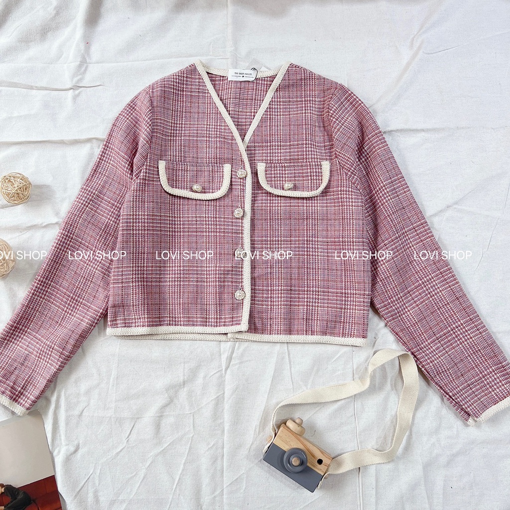 LOVI SHOP - Áo khoác dạ tweed caro tay dài cúc ngọc sang chảnh Lovi