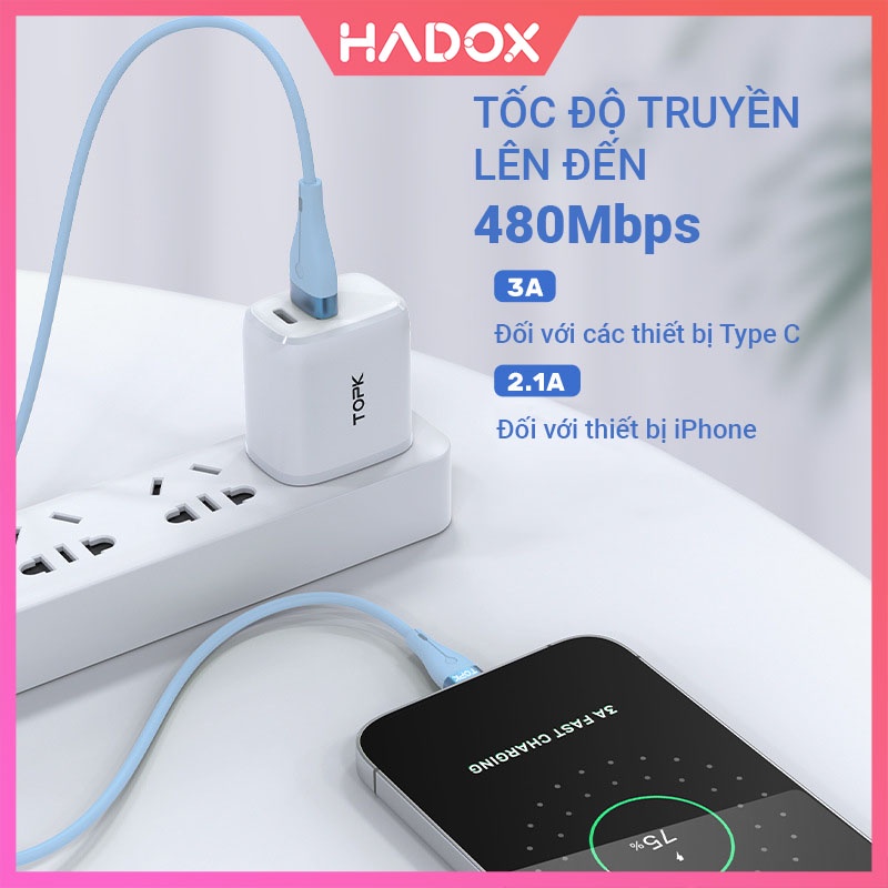 Dây cáp sạc nhanh Type-C,TOPK AN46 dành cho ip,SAMSUNG,XIAOMI-Hàng nhập khẩu