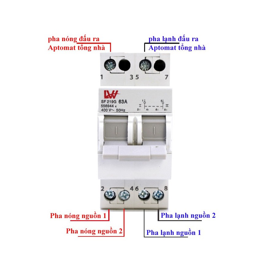 Át chuyển đổi 2 nguồn điện 63A LW, Atomat đảo phase LW 63A 220V, Cầu dao đảo chiều 63A dạng atomat