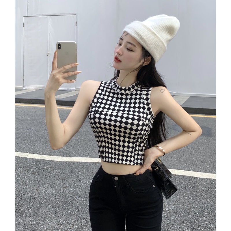 QKOOLE  Áo Croptop Sát Nách Hoạ Tiết Kẻ Caro Phong Cách Hàn Quốc Quyến Rũ