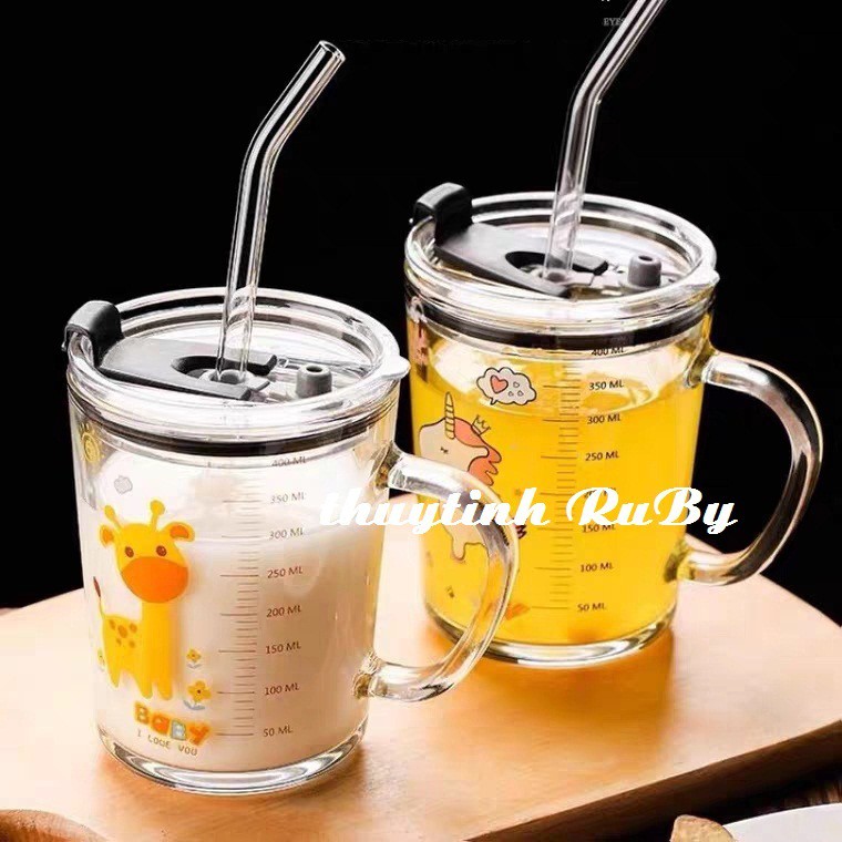 Bộ 2 Ly Quai Thủy Tinh Có Lỗ Ống Hút Uống Sữa 370ml, Ca Uống Nước Có Chia Vạch Đo