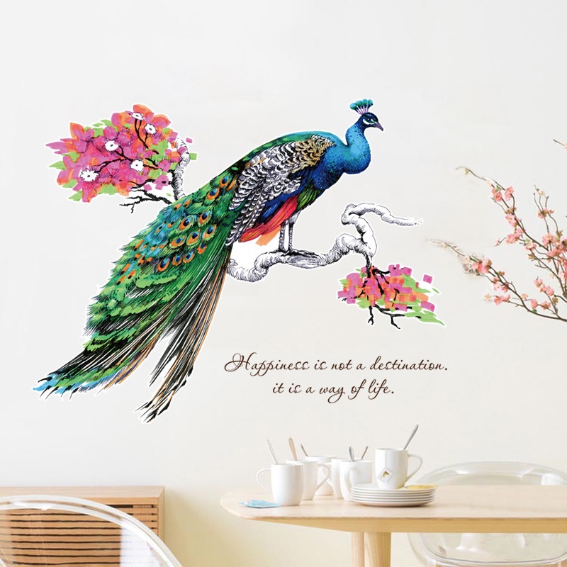 Tranh dán tường 3D hình chim công hạnh phúc KT 100x85cm, DECAL trang trí siêu rẻ