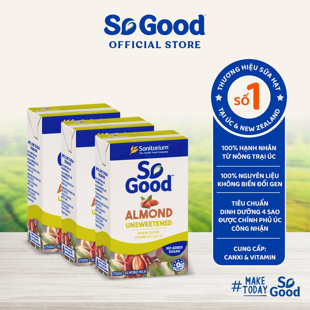 Sữa hạt hạnh nhân không đường SO GOOD 250ml x 3 hộp bổ sung canxi và vitamin không gây tăng cân