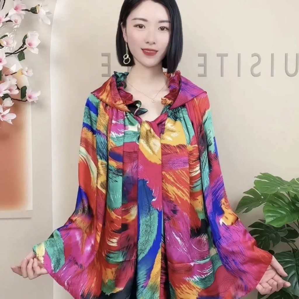 Áo Choàng Chống Nắng Có Mũ Trùm Đầu Bằng Lụa Satin Đính Ngọc Trai Giả Thời Trang