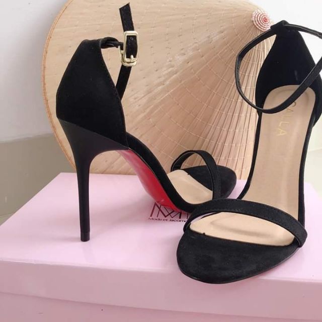 Sandanl cao gót calla đế đỏ đen da lộn 9-10p
