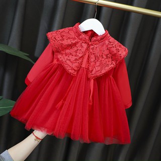 Váy đỏ cổ tàu phủ ren bé gái