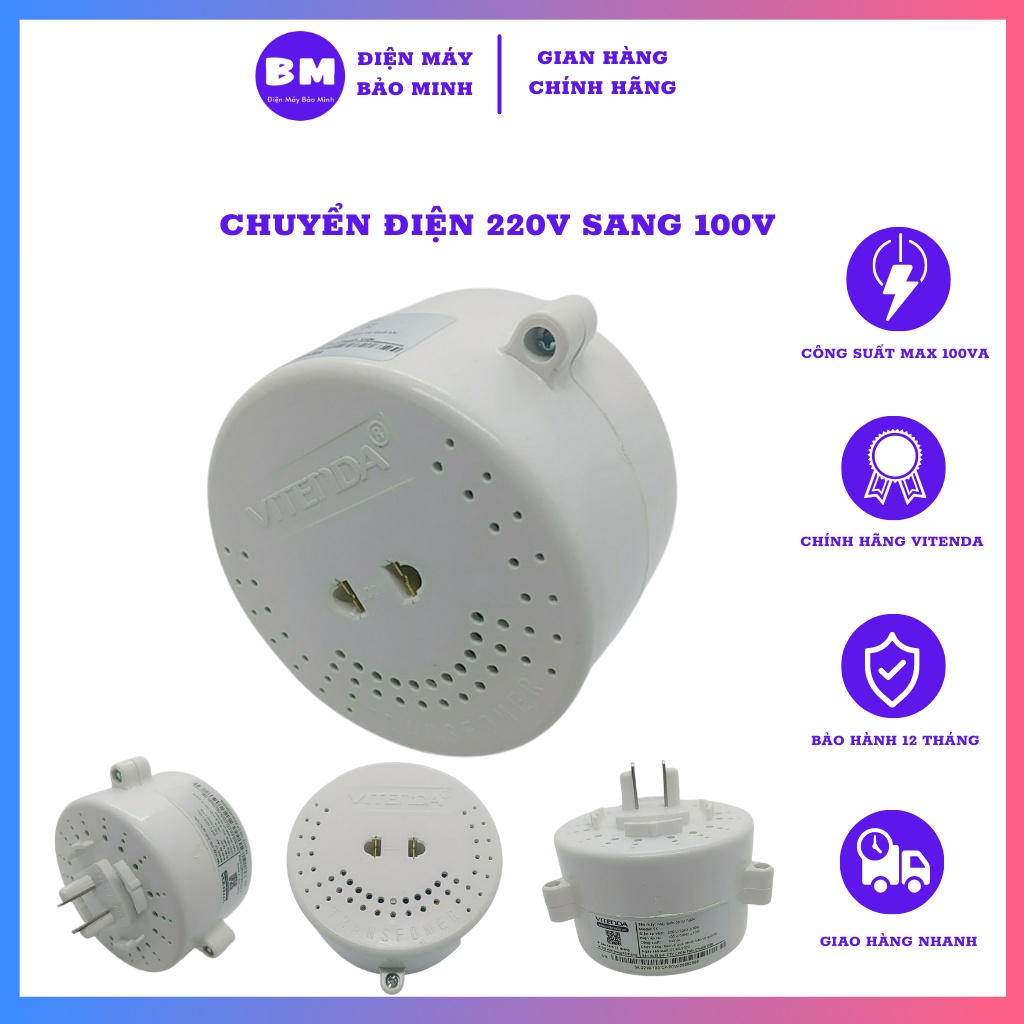 Bộ Đổi Nguồn Vitenda Từ 220V Sang 110V Công Suất 100VA Nguồn Đồng Xịn - BH 12 Tháng