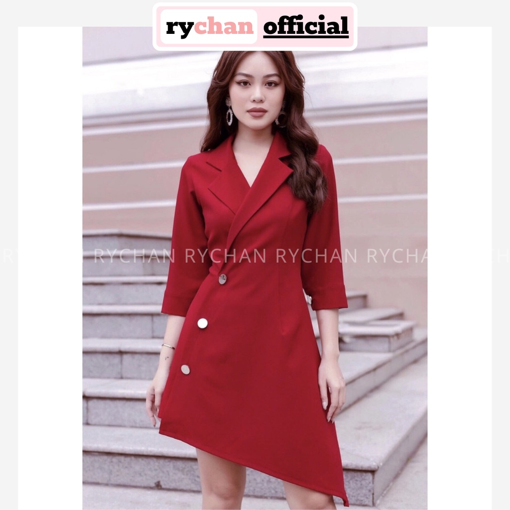 Đầm Xòe Cổ Vest Công Sở Tay Lửng Lệch Tà 3 Màu Trắng Xanh Đỏ - DX512